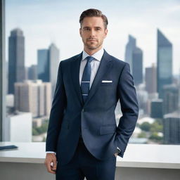 A sophisticated businessman in a sleek, tailored suit, standing in a modern office setting with a cityscape view in the background