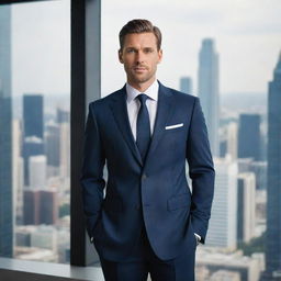 A sophisticated businessman in a sleek, tailored suit, standing in a modern office setting with a cityscape view in the background