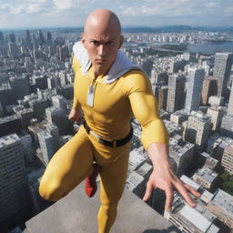 Create a stunning full-body image of Saitama from One Punch Man in a heroic pose in the middle of a cityscape.