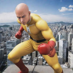 Create a stunning full-body image of Saitama from One Punch Man in a heroic pose in the middle of a cityscape.