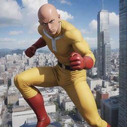 Create a stunning full-body image of Saitama from One Punch Man in a heroic pose in the middle of a cityscape.