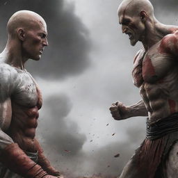 Illustrate an intense scene showing Saitama from One-Punch Man and Kratos from the God of War series, facing off in a climactic battle in an epic and detailed battlefield.