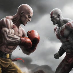 Illustrate an intense scene showing Saitama from One-Punch Man and Kratos from the God of War series, facing off in a climactic battle in an epic and detailed battlefield.