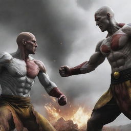 Illustrate an intense scene showing Saitama from One-Punch Man and Kratos from the God of War series, facing off in a climactic battle in an epic and detailed battlefield.