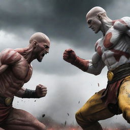 Illustrate an intense scene showing Saitama from One-Punch Man and Kratos from the God of War series, facing off in a climactic battle in an epic and detailed battlefield.