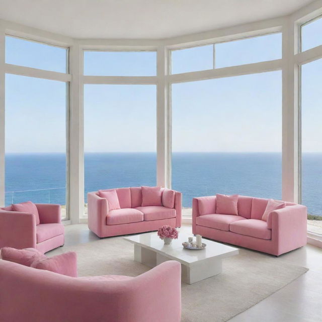 Elegant white living room with large windows, pink sofas, multiple mirrors, and a breathtaking sea view