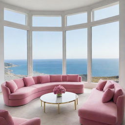 Elegant white living room with large windows, pink sofas, multiple mirrors, and a breathtaking sea view