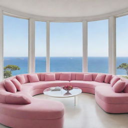 Elegant white living room with large windows, pink sofas, multiple mirrors, and a breathtaking sea view