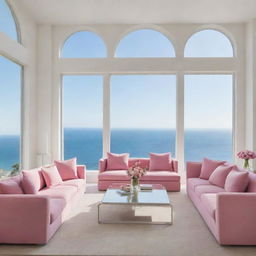 Elegant white living room with large windows, pink sofas, multiple mirrors, and a breathtaking sea view