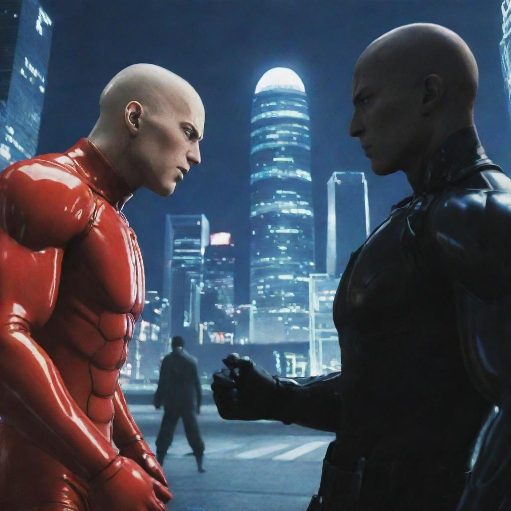 Depict a dramatic confrontation scene between Saitama from One Punch Man and a strong player from Gantz, prepared for a battle in a futuristic city setting.