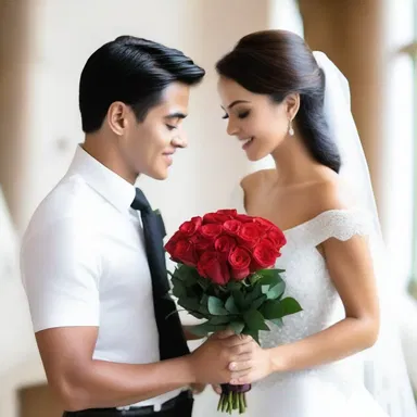 He presented her with a bouquet of roses, symbolizing their love and devotion.