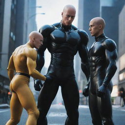 Depict a dramatic confrontation scene between Saitama from One Punch Man and a strong player from Gantz, prepared for a battle in a futuristic city setting.