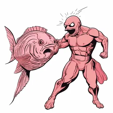 In the comic strip, the superhero's arch-nemesis transformed into a menacing rosefish to challenge the hero's courage.