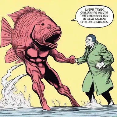 In the comic strip, the superhero's arch-nemesis transformed into a menacing rosefish to challenge the hero's courage.