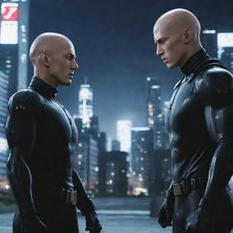 Depict a dramatic confrontation scene between Saitama from One Punch Man and a strong player from Gantz, prepared for a battle in a futuristic city setting.