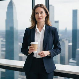 A confident businesswoman in a formal suit, standing in a modern office with skyscraper views, holding a laptop in one hand and a cup of coffee in the other.