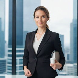 A confident businesswoman in a formal suit, standing in a modern office with skyscraper views, holding a laptop in one hand and a cup of coffee in the other.