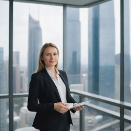 A confident businesswoman in a formal suit, standing in a modern office with skyscraper views, holding a laptop in one hand and a cup of coffee in the other.