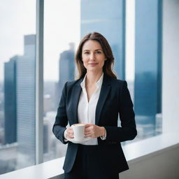 A confident businesswoman in a formal suit, standing in a modern office with skyscraper views, holding a laptop in one hand and a cup of coffee in the other.