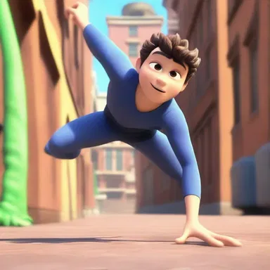 Before the intense and physically demanding chase scene, the animated character took a moment to limber up, stretching their limbs and getting their body supple.