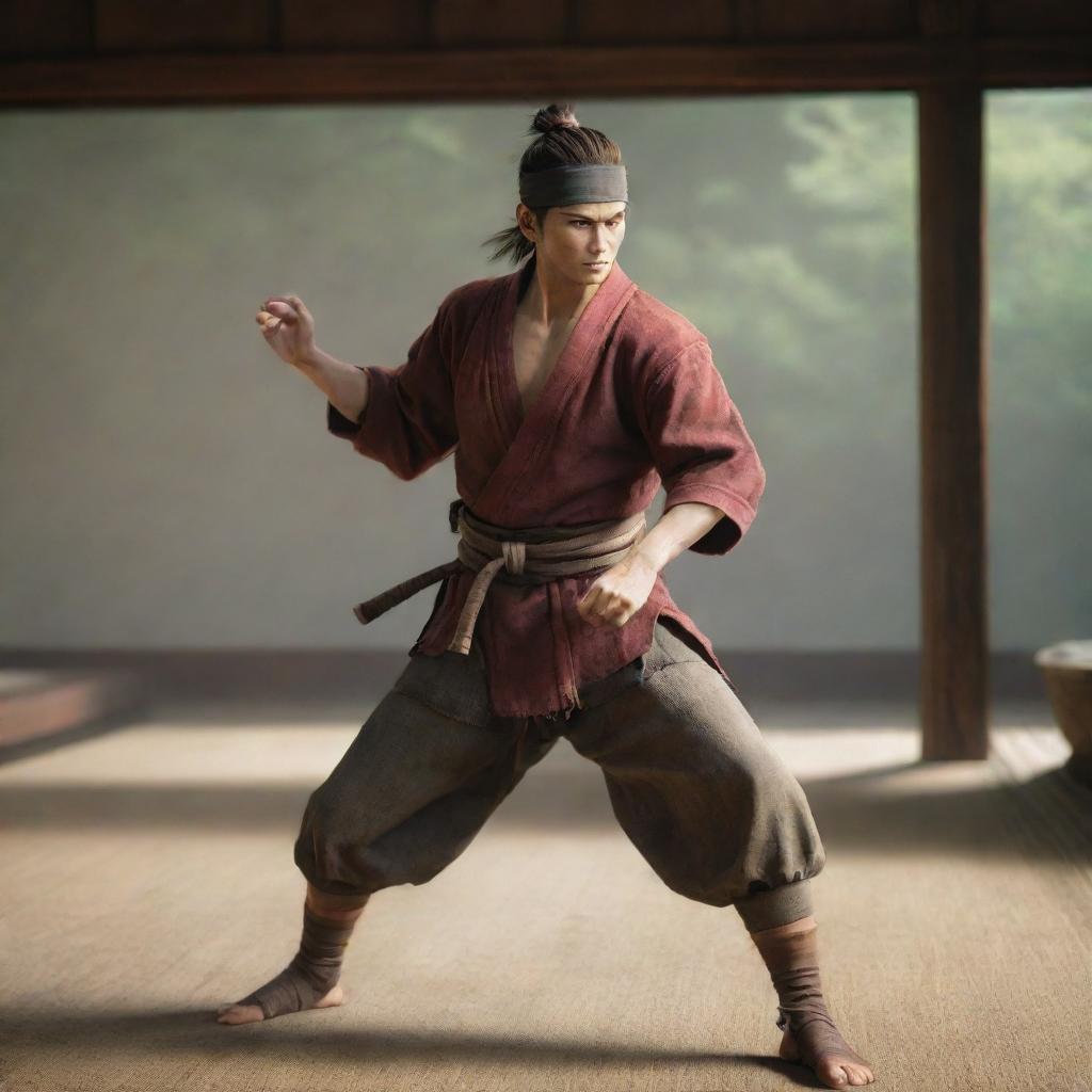 Render a humorous image of Sekiro, the protagonist of Sekiro: Shadows Die Twice, in a friendly sword training session with Justin Bieber in a tranquil dojo setting.