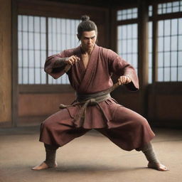 Render a humorous image of Sekiro, the protagonist of Sekiro: Shadows Die Twice, in a friendly sword training session with Justin Bieber in a tranquil dojo setting.