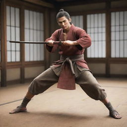 Render a humorous image of Sekiro, the protagonist of Sekiro: Shadows Die Twice, in a friendly sword training session with Justin Bieber in a tranquil dojo setting.