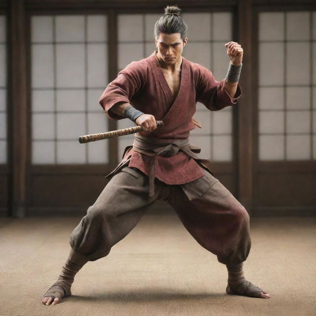 Render a humorous image of Sekiro, the protagonist of Sekiro: Shadows Die Twice, in a friendly sword training session with Justin Bieber in a tranquil dojo setting.