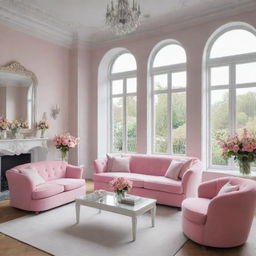 An elegant and comfortable common room, adorned with mirrors and pink sofas. Large windows decorated with a variety of flowers offer ample light, the room painted white amplifies the serenity