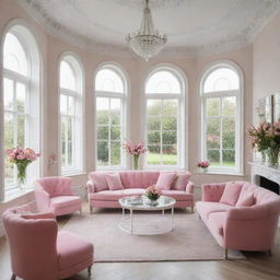 An elegant and comfortable common room, adorned with mirrors and pink sofas. Large windows decorated with a variety of flowers offer ample light, the room painted white amplifies the serenity