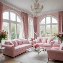 An elegant and comfortable common room, adorned with mirrors and pink sofas. Large windows decorated with a variety of flowers offer ample light, the room painted white amplifies the serenity