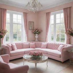 An elegant and comfortable common room, adorned with mirrors and pink sofas. Large windows decorated with a variety of flowers offer ample light, the room painted white amplifies the serenity