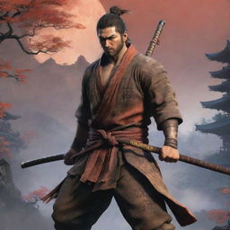 Craft a vivid illustration of Sekiro, the main character from Sekiro: Shadows Die Twice, standing proudly with his katana against a backdrop of ancient Japan.