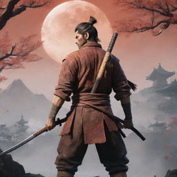 Craft a vivid illustration of Sekiro, the main character from Sekiro: Shadows Die Twice, standing proudly with his katana against a backdrop of ancient Japan.