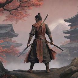 Craft a vivid illustration of Sekiro, the main character from Sekiro: Shadows Die Twice, standing proudly with his katana against a backdrop of ancient Japan.