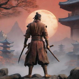 Craft a vivid illustration of Sekiro, the main character from Sekiro: Shadows Die Twice, standing proudly with his katana against a backdrop of ancient Japan.