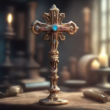 In the wizard's workshop, a shimmering crosspiece held together the pieces of a magical staff.