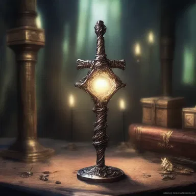 In the wizard's workshop, a shimmering crosspiece held together the pieces of a magical staff.