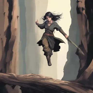 The protagonist clutched onto a rugged crosspiece as she swung across the treacherous chasm in the novel.
