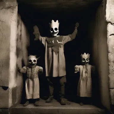 The haunted house was adorned with grotesque crosspieces, casting eerie shadows in every corner.