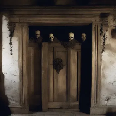 The haunted house was adorned with grotesque crosspieces, casting eerie shadows in every corner.