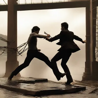 In the climactic fight scene, the hero uses the crosspiece of a broken bridge as a weapon against the villain.