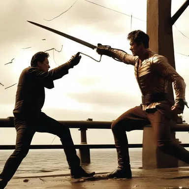 In the climactic fight scene, the hero uses the crosspiece of a broken bridge as a weapon against the villain.