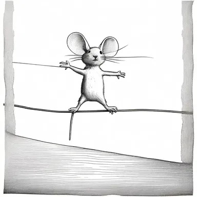 The mischievous mouse balanced himself skillfully on the thin crosspiece of the tightrope, much to the amusement of the audience.