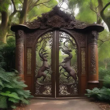 The enchanted forest was guarded by a majestic gate with a large crosspiece adorned with intricate carvings of mythical creatures.