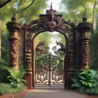 The enchanted forest was guarded by a majestic gate with a large crosspiece adorned with intricate carvings of mythical creatures.