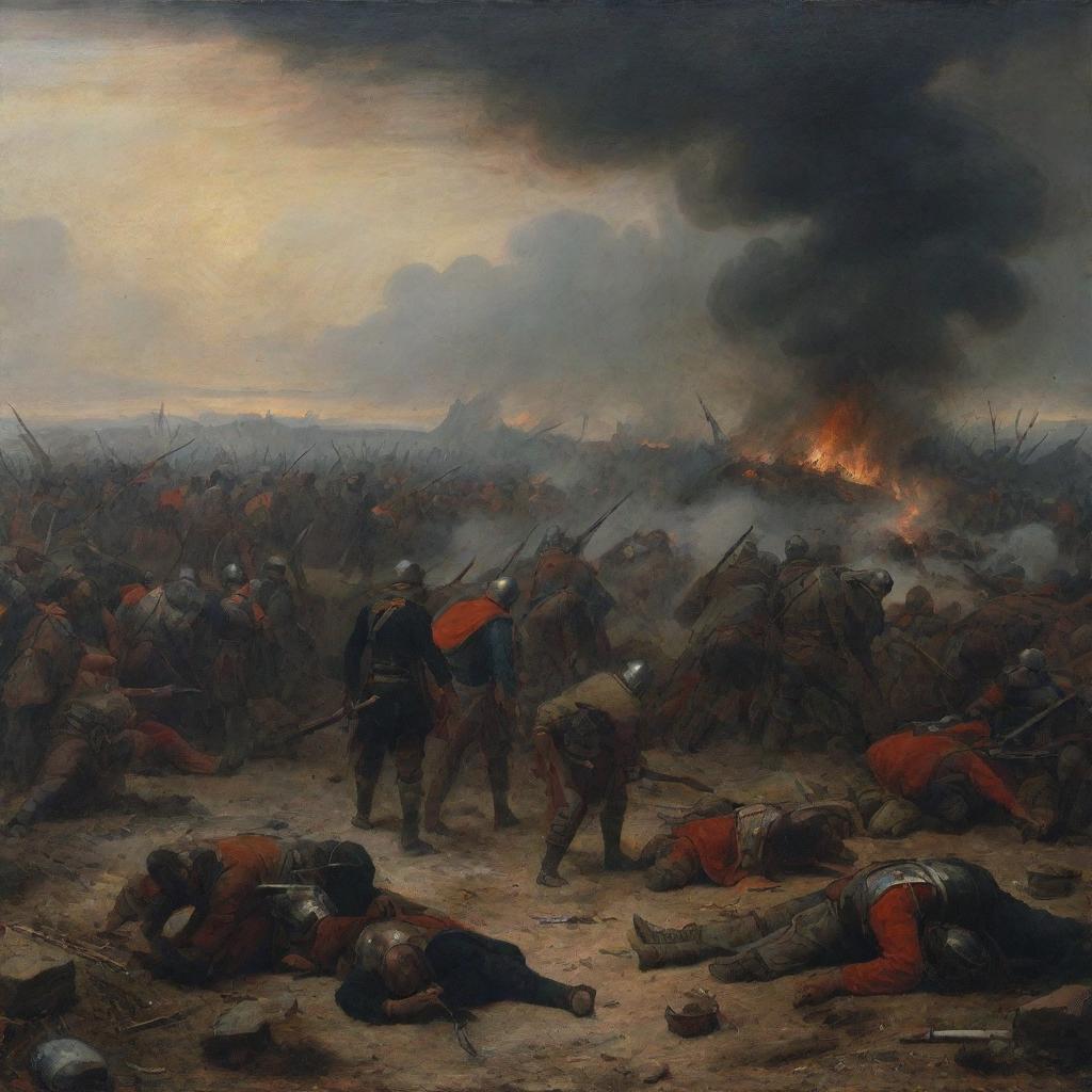 A melancholic painting depicting the aftermath of a battle