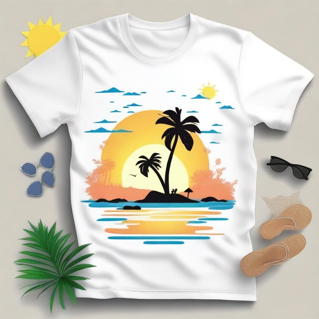 Create a summer-themed t-shirt design that incorporates a beach and trees