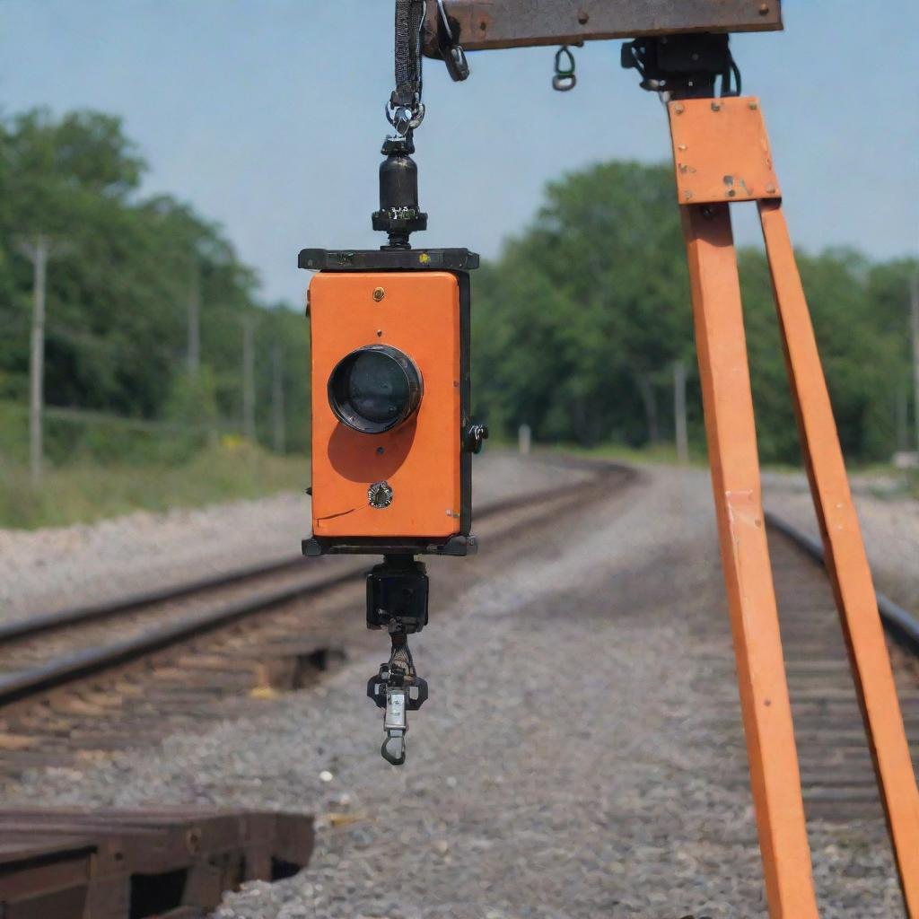 A detailed scene of a railroad signal system, embodying technological precision, alongside a safety harness in use at a rail work site.