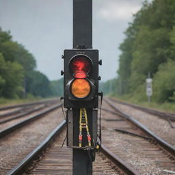 A detailed scene of a railroad signal system, embodying technological precision, alongside a safety harness in use at a rail work site.